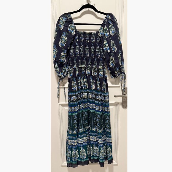 Cara Cara Jazzy Dress XS Paisley Emerald Blue Floral Puff Sleeve Midi - Picture 5 of 9